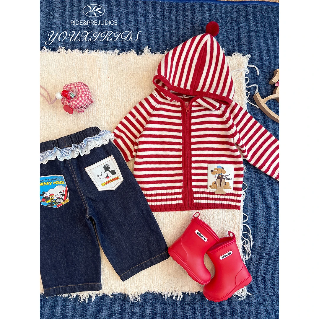 现飞飞家·好运狗狗25新秋冬儿童韩版红白条纹连帽小狗毛衣 FF2877