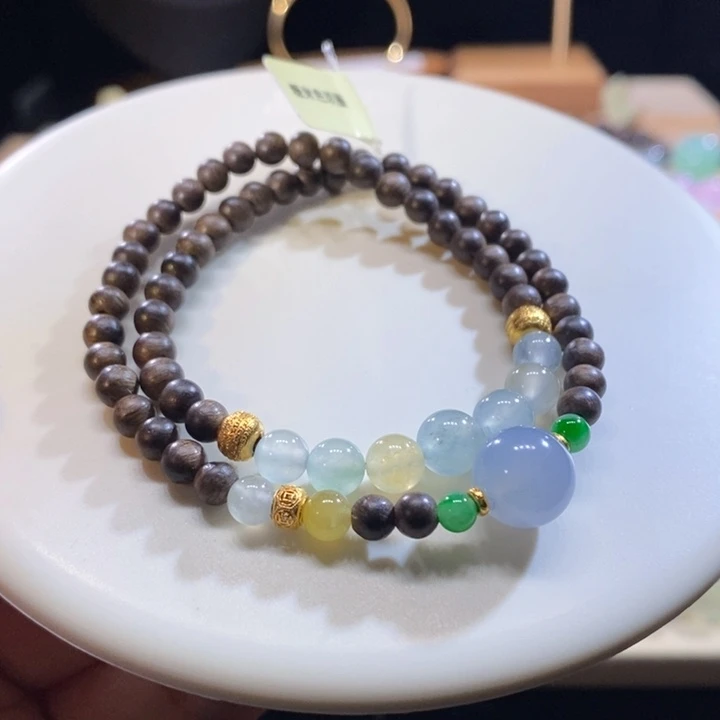 翡翠18K金镶嵌吊坠(不含链)翡翠冰彩双圈手串