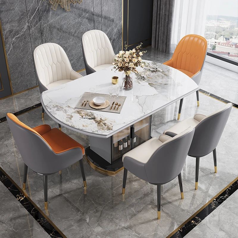 岩板餐桌现代简约轻奢家用小户型储物折叠伸缩可变圆饭桌椅子组合