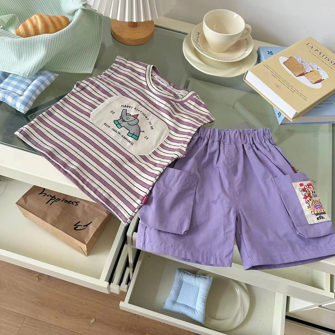 【宠粉福利】XYZ009男小童2025夏新品紫色条纹背心斜纹棉短裤套装