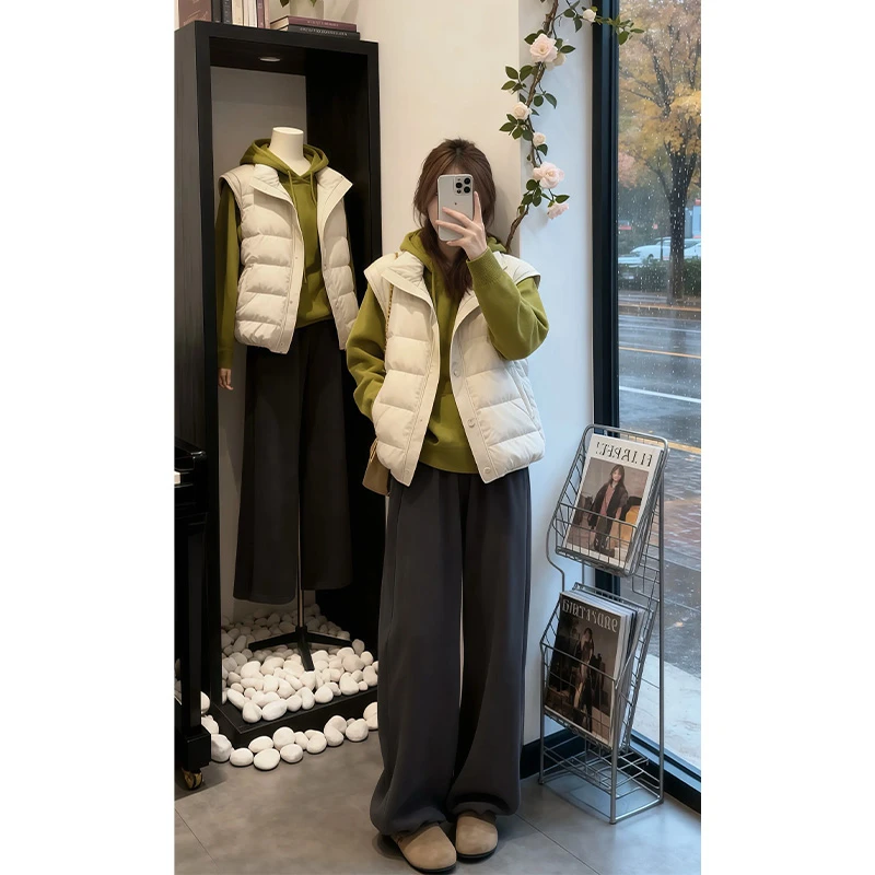 秋季流行穿搭高级感宽松棉服马甲连帽针织毛衣休闲裤套装女保暖