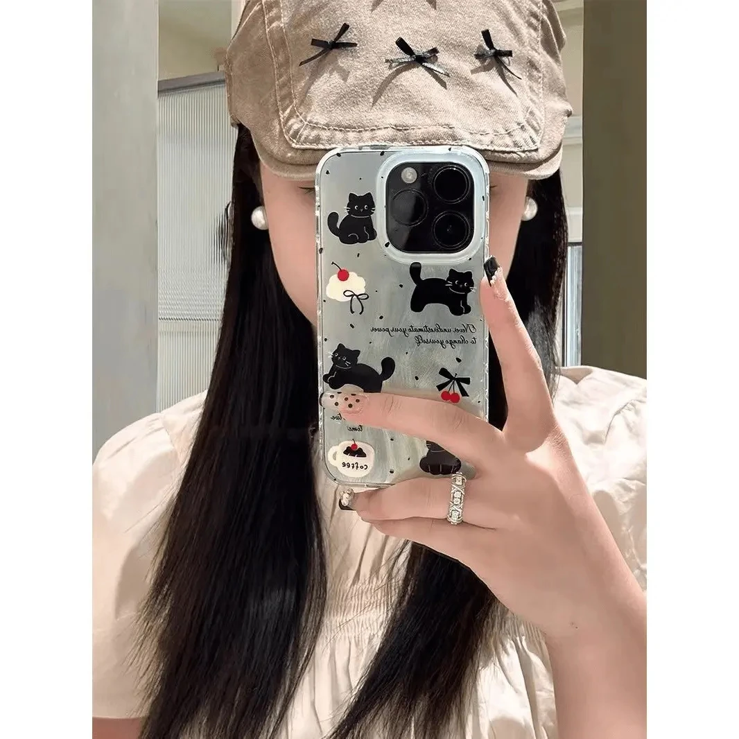 薄荷绿樱桃猫咪适用苹果16手机壳iphone15保护套14华为p7oppo小米