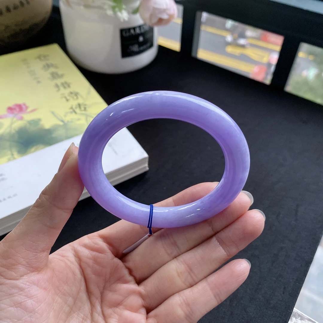 圈口54缅甸老坑A货糯种紫罗兰圆条翡翠手镯