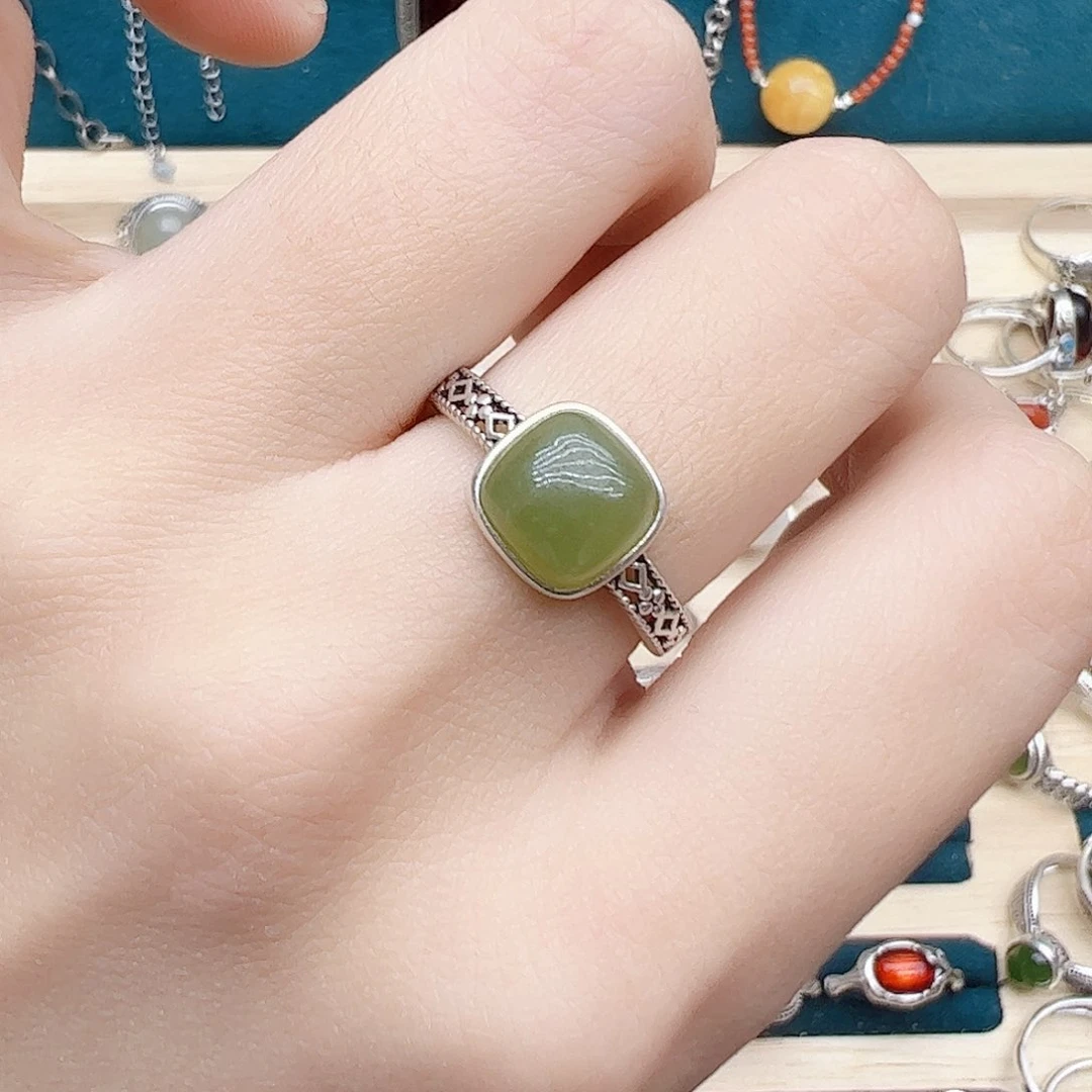 和田玉戒指银S925镶嵌