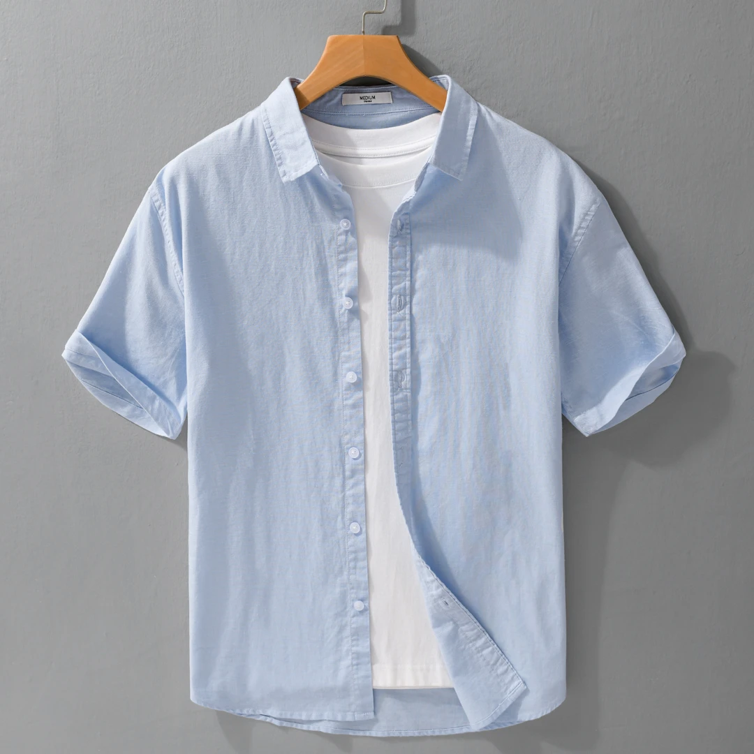 男士夏季棉麻亚麻短时尚翻领休闲青年男款透气麻衬衫男短袖301