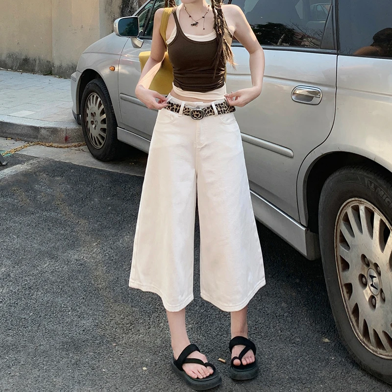复古白色阔腿牛仔七分裤女夏季新款高腰宽松显瘦休闲垂感直筒裤子