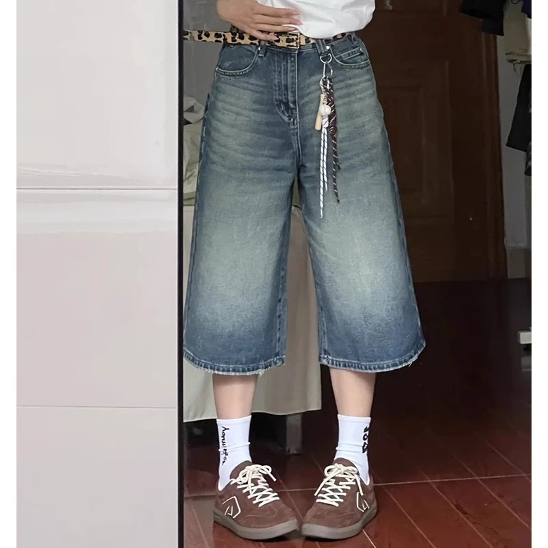 美式复古水洗猫须牛仔七分裤女2025新款夏宽松阔腿中裤五分裤短裤
