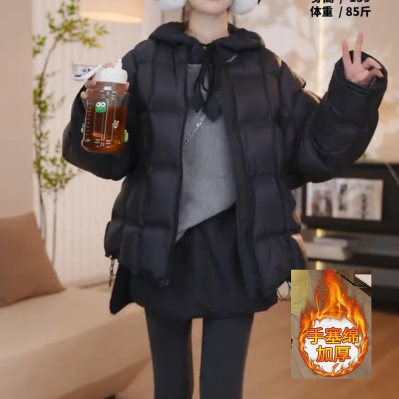 2024年秋冬季新款韩版洋气纯色高级感圆领棉服女时尚加厚保暖外套