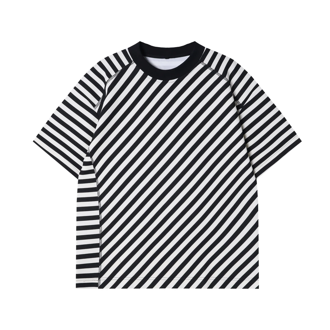 夏季新款时尚个性韩版黑白条纹明线圆领短袖T恤百搭潮流情侣上衣