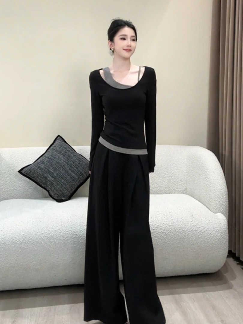 轻熟简约风气质撞色镂空长袖T-恤2025秋冬新款百搭休闲高腰休闲裤