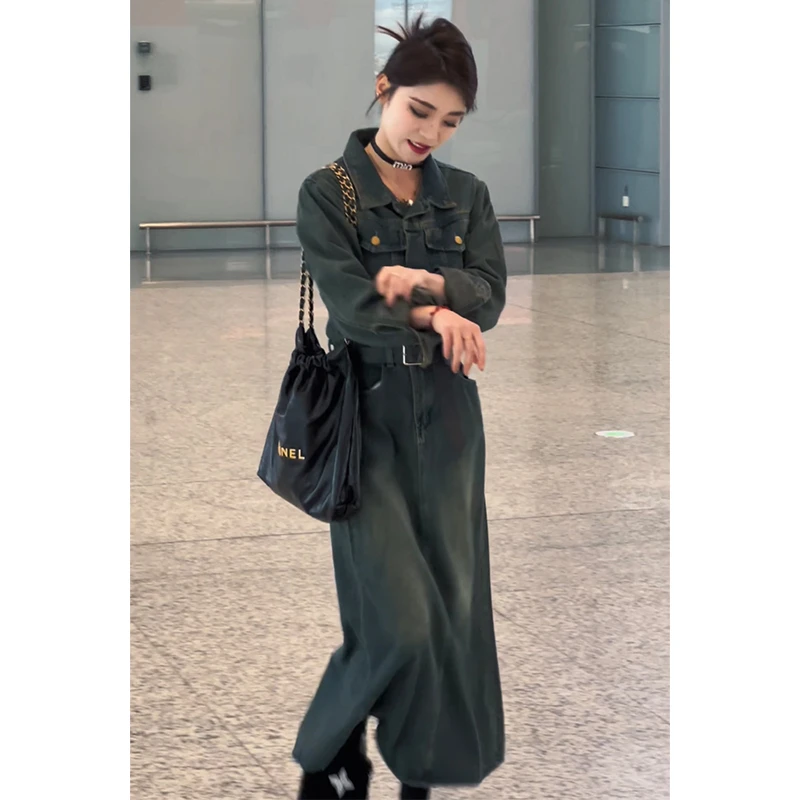 复古港风水洗做旧牛仔连衣裙气质百搭收腰宽松牛仔连衣裙