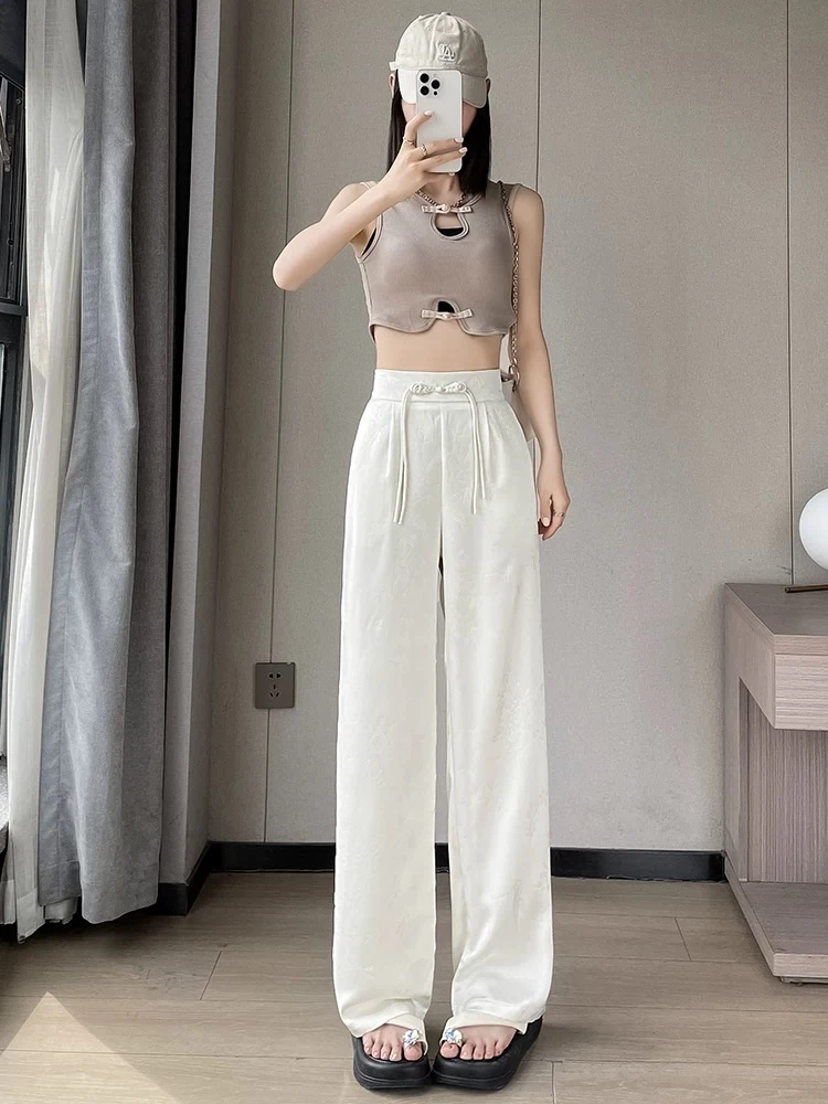 5073#新中式国风提花阔腿裤女夏季薄款裤子高腰显瘦直筒休闲裤子