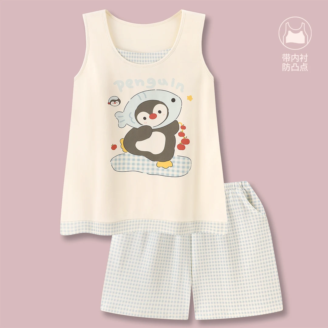 『滑板企鹅』格纹纯棉女睡衣新款夏清新背心短裤可外穿防凹点家居服