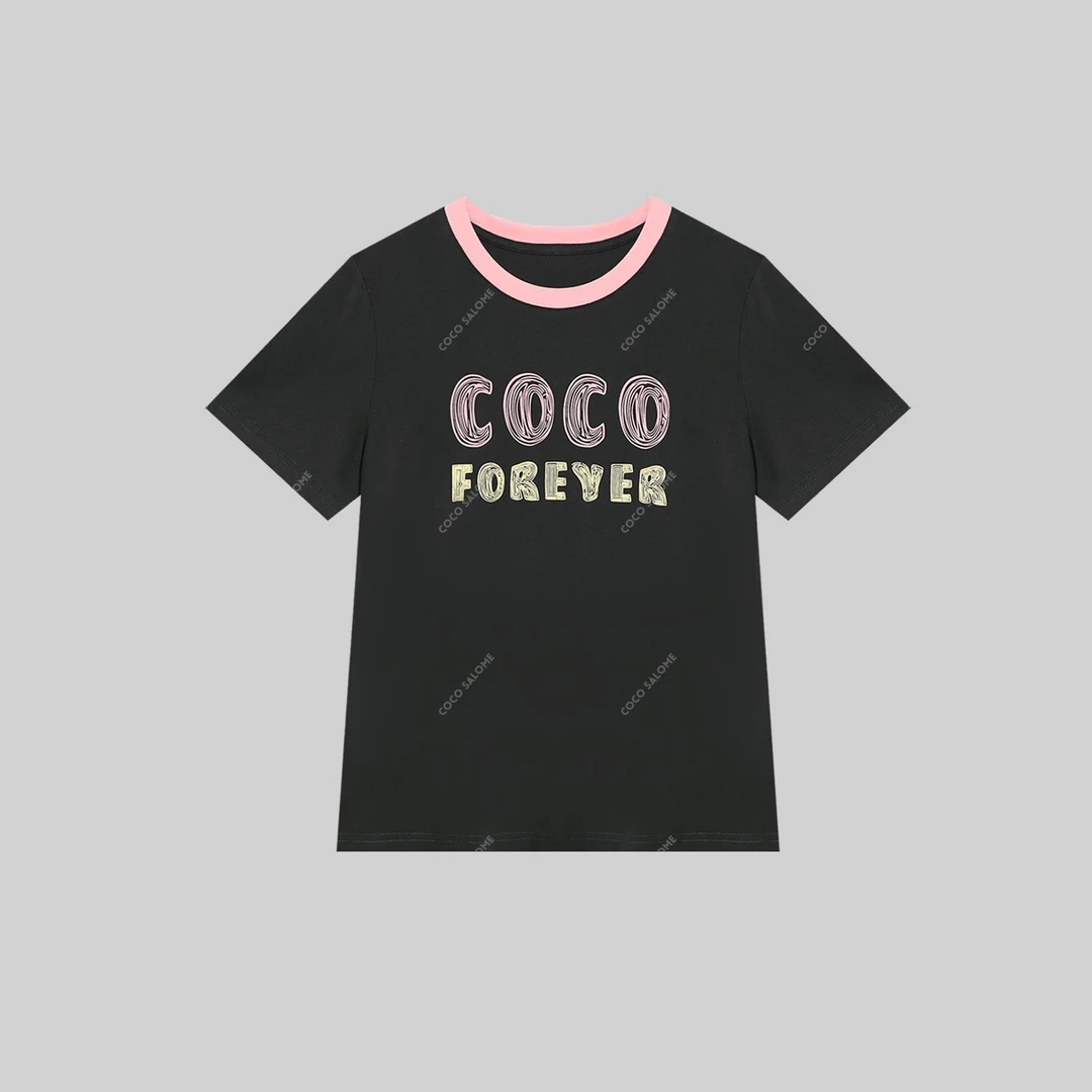 安安推荐【拉丁字母】植绒字母撞色时尚设计显瘦短袖BL-D-3171