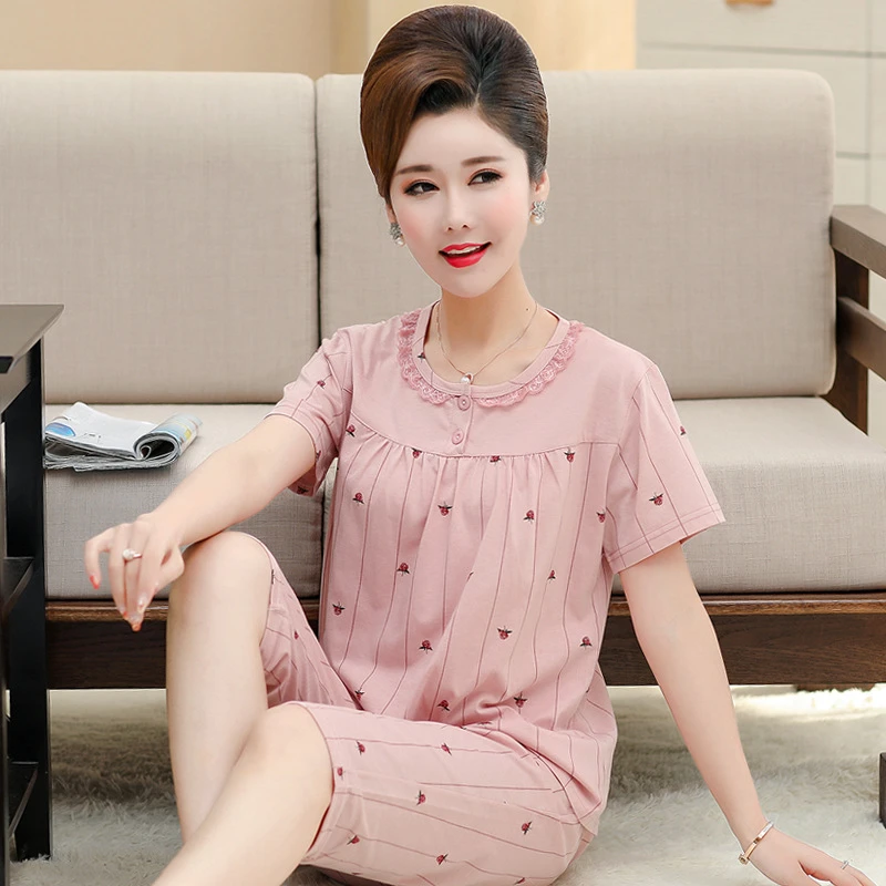 中年妈妈睡衣女夏天短袖纯棉中老年两件套装宽松夏季加大码家居服