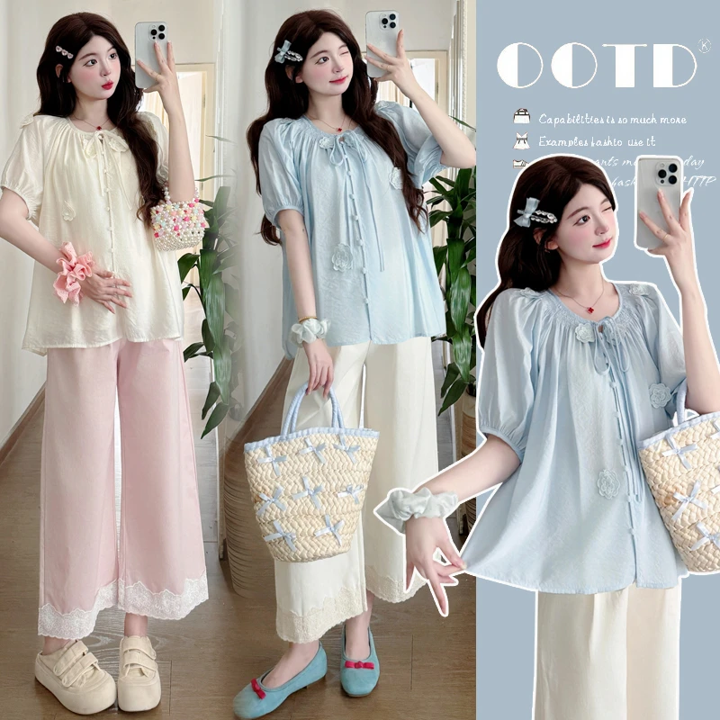 夏季2025新款孕妇装时尚法式宽松显瘦花朵刺绣仙气娃娃衫上衣