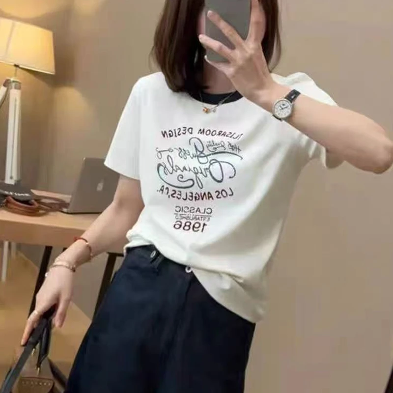 t恤女2025夏季新款时尚洋气百搭字母印花宽松显瘦圆领短袖上衣潮