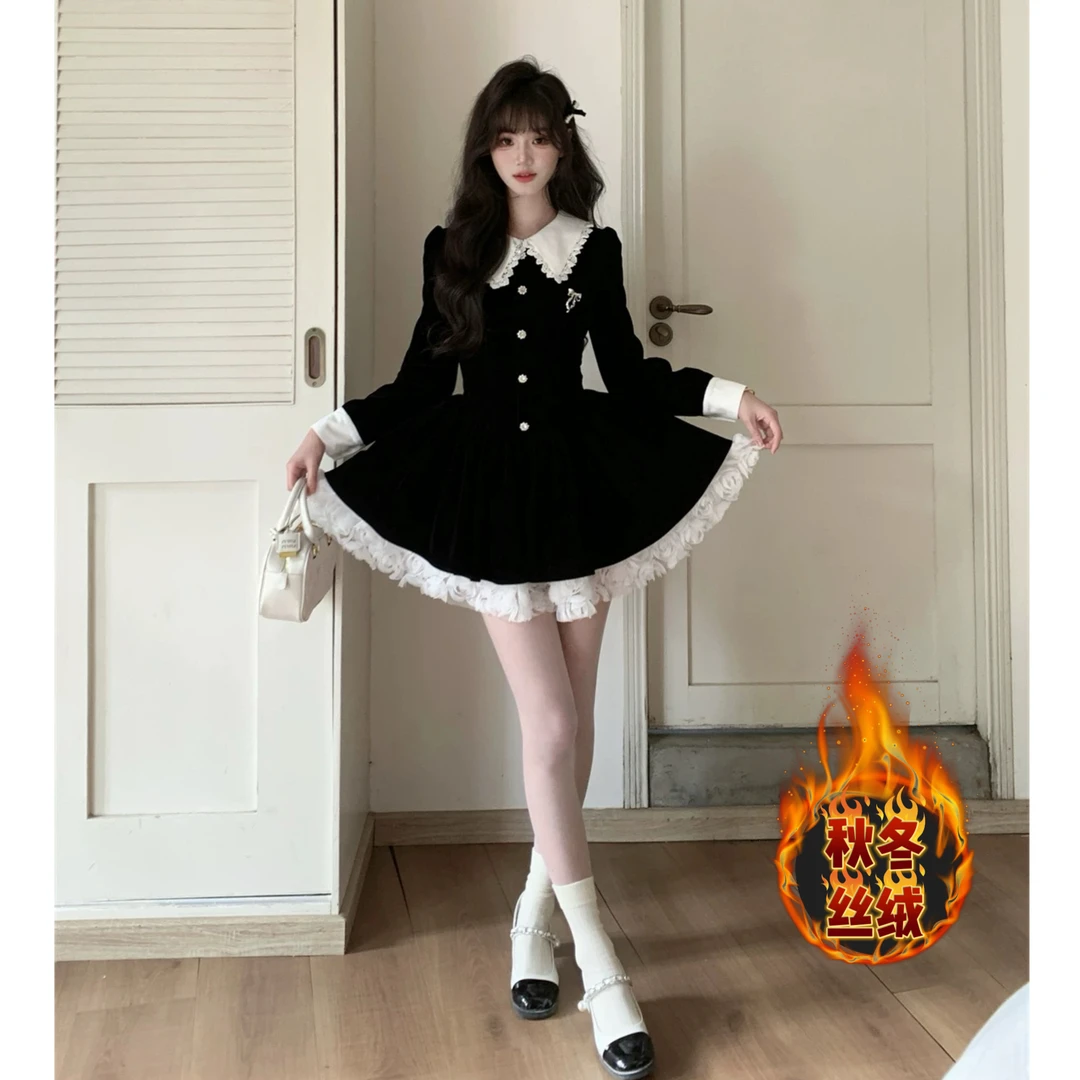 【柚一】【有里布】丝绒立体玫瑰花连衣裙千金蕾丝小黑裙TX0194