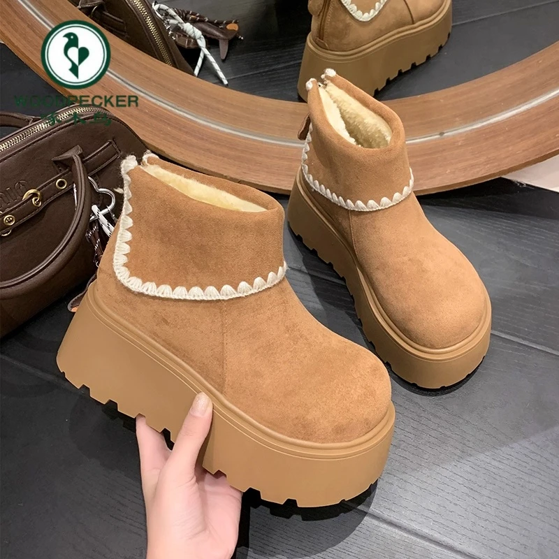 啄木鸟白色复古小个子厚底增高雪地靴女2025冬季加绒加厚保暖棉鞋