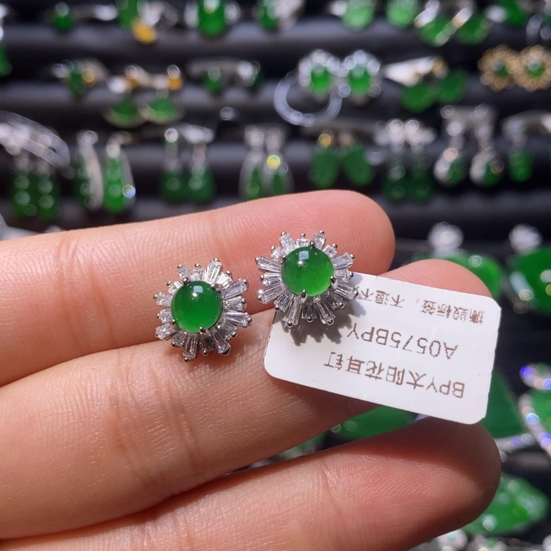 翡翠耳饰银S925镶嵌天然翡翠