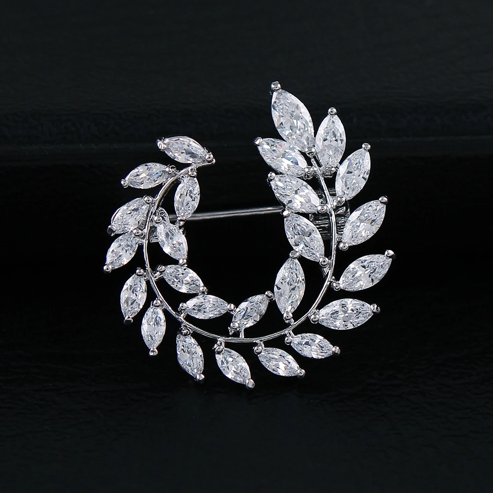时尚水晶叶子胸针胸花 微镶锆石高档防走光麦穗小别针配饰品