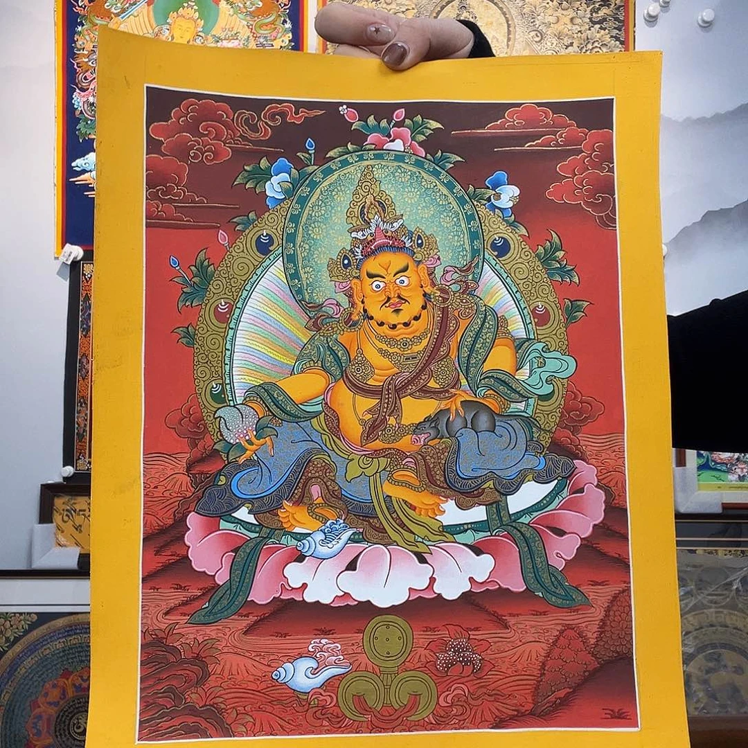 卷轴画纯手绘唐卡黄财神33.5*25.5厘米左右