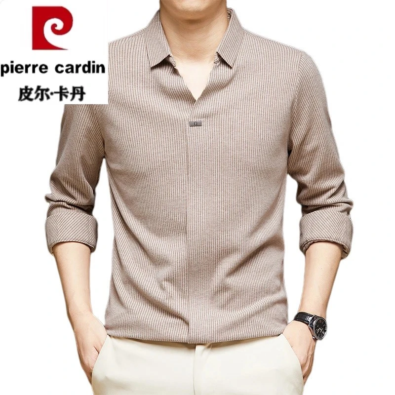 皮尔卡丹新款男士春秋长袖恤条纹衫意式剪刀领休闲上衣翻领秋冬
