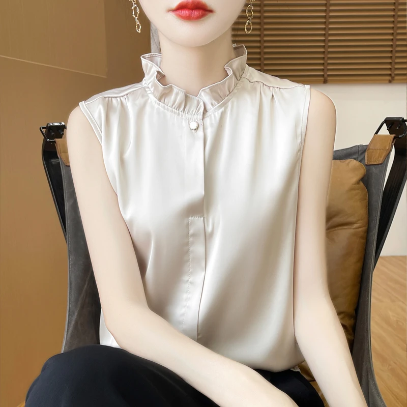 【莱赛尔天丝】~绸面吊带背心女时尚气质木耳花边无袖百搭外套女A55