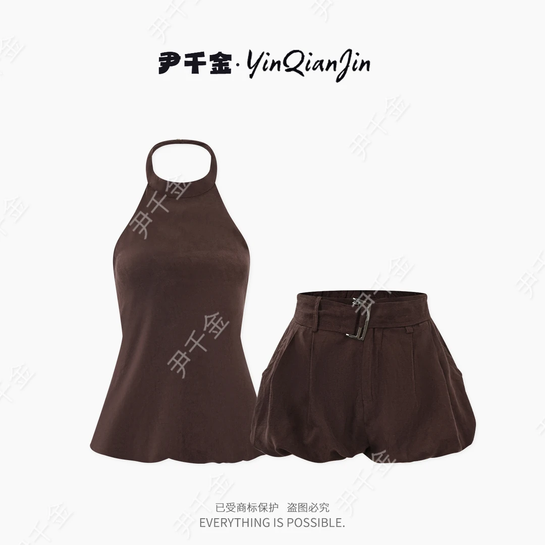 *尹千金*【复古时光机】jennie同款复古咖花苞背心短裤套装Z257044