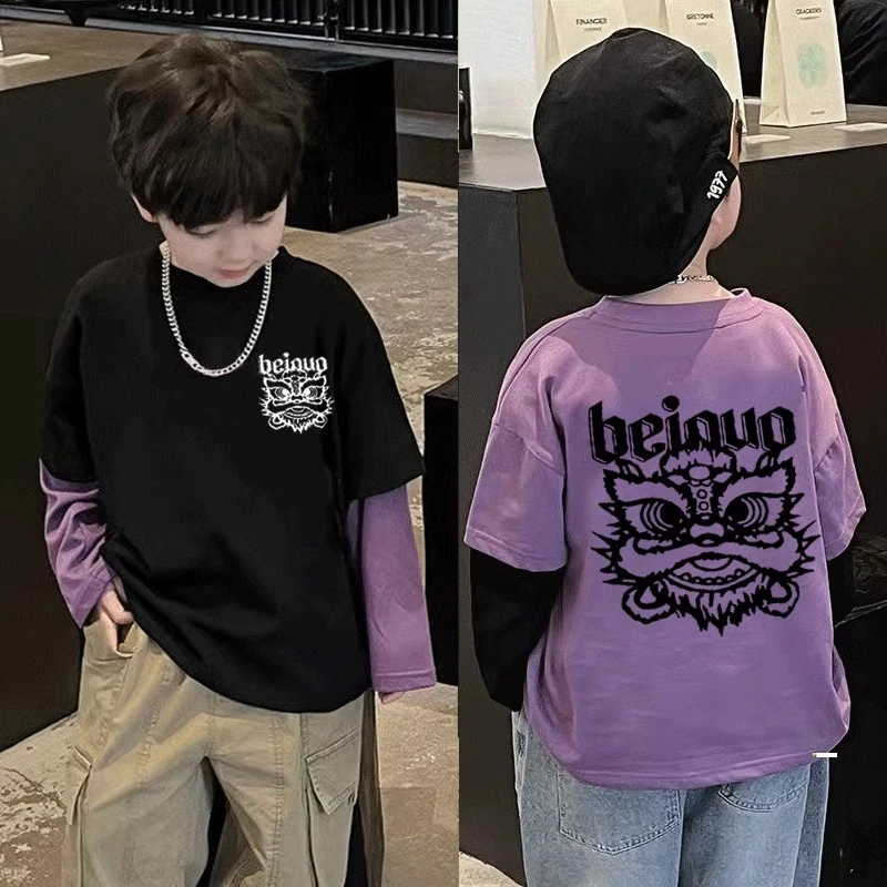 2025新款儿童T恤中国风男童女童纯棉长袖春秋假两件休闲印花上衣