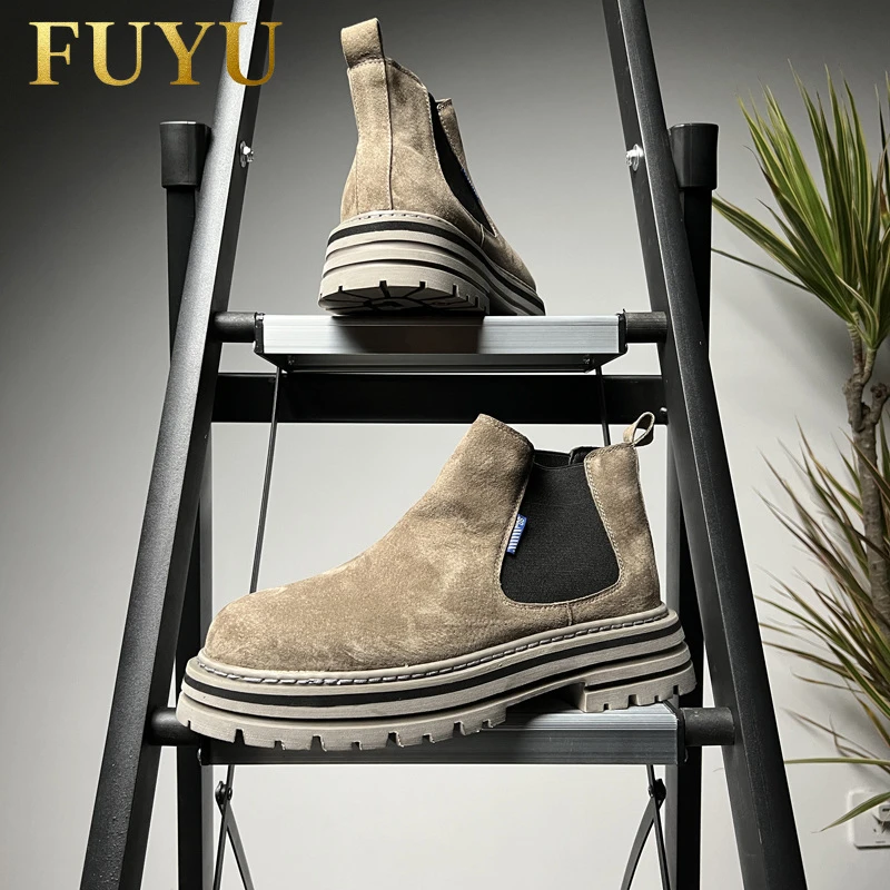 高帮潮流翻毛皮切尔西靴男2025秋冬新款一脚蹬短靴英伦百搭男鞋