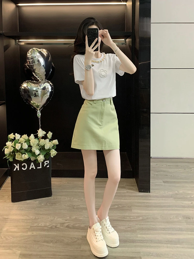 休闲套装夏季新款时尚百搭短袖显瘦气质设计感绿色牛仔短裙两件套