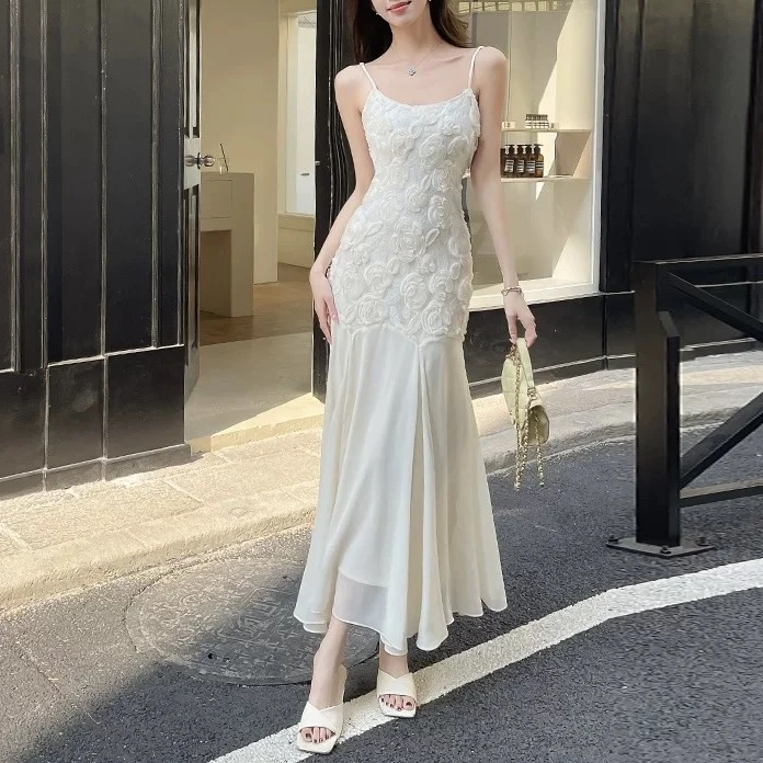 玫瑰花吊带裙吊带鱼尾裙连衣裙女装轻奢旗袍礼服时尚裙子长裙