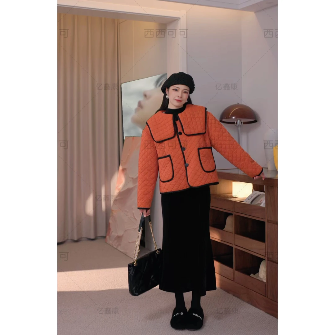 新款时尚简约小香风翻领时尚外穿家居服冬季女三层加绒加厚套装