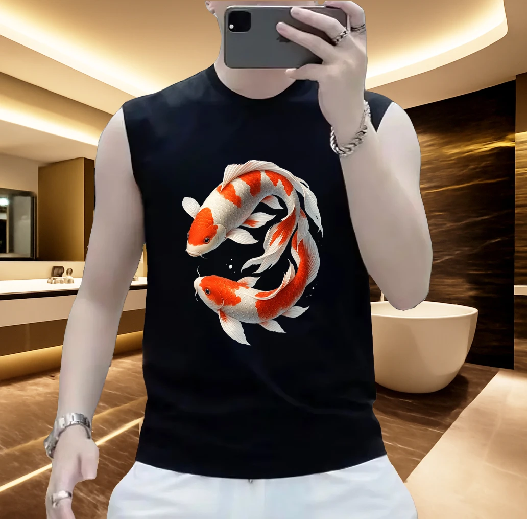 2025新款纯棉坎肩t恤男潮牌男士休闲运动圆领上衣轻奢ins印花T恤