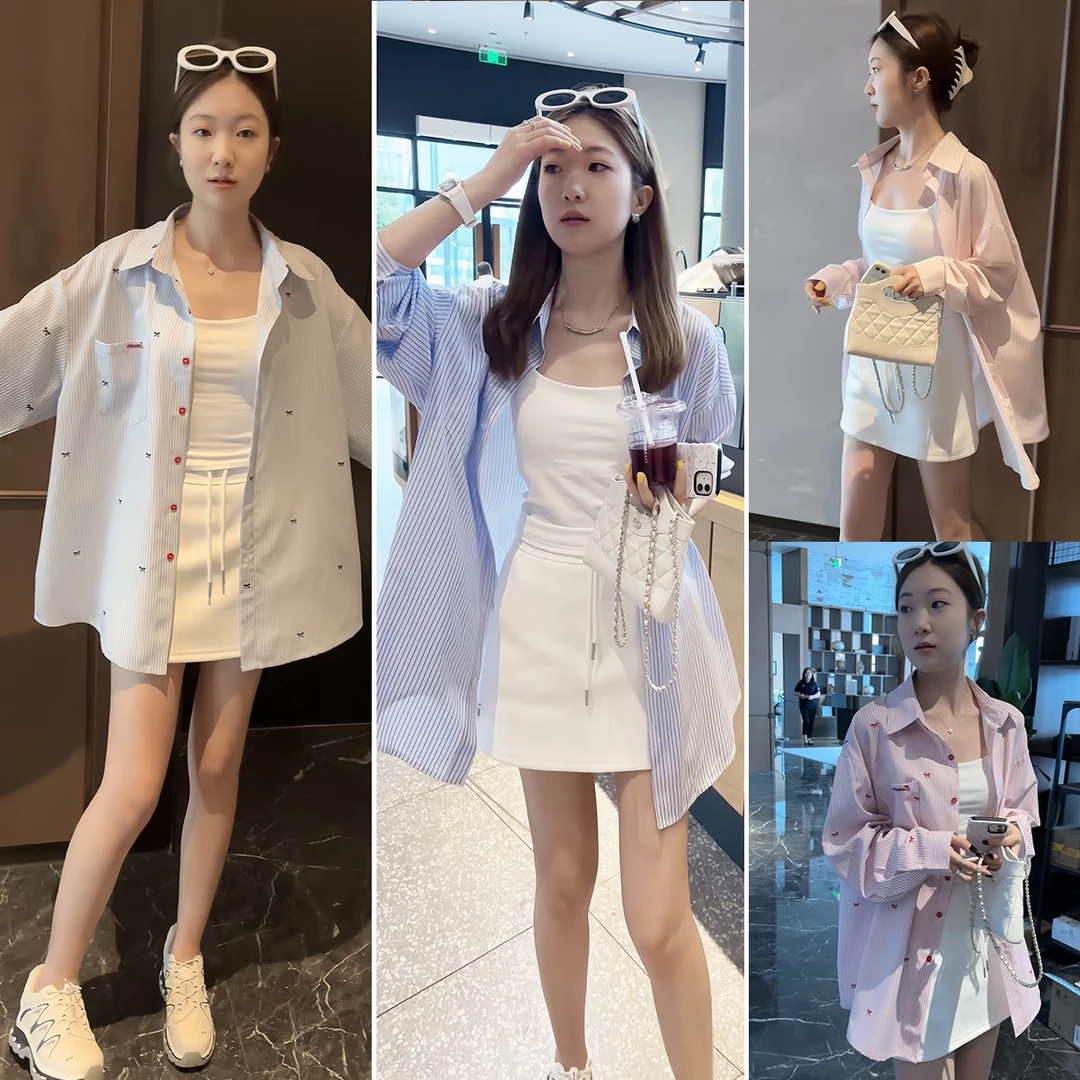 条纹蝴蝶结长袖中长款衬衫上衣2025年夏季新款宽松时尚防晒衬衣女