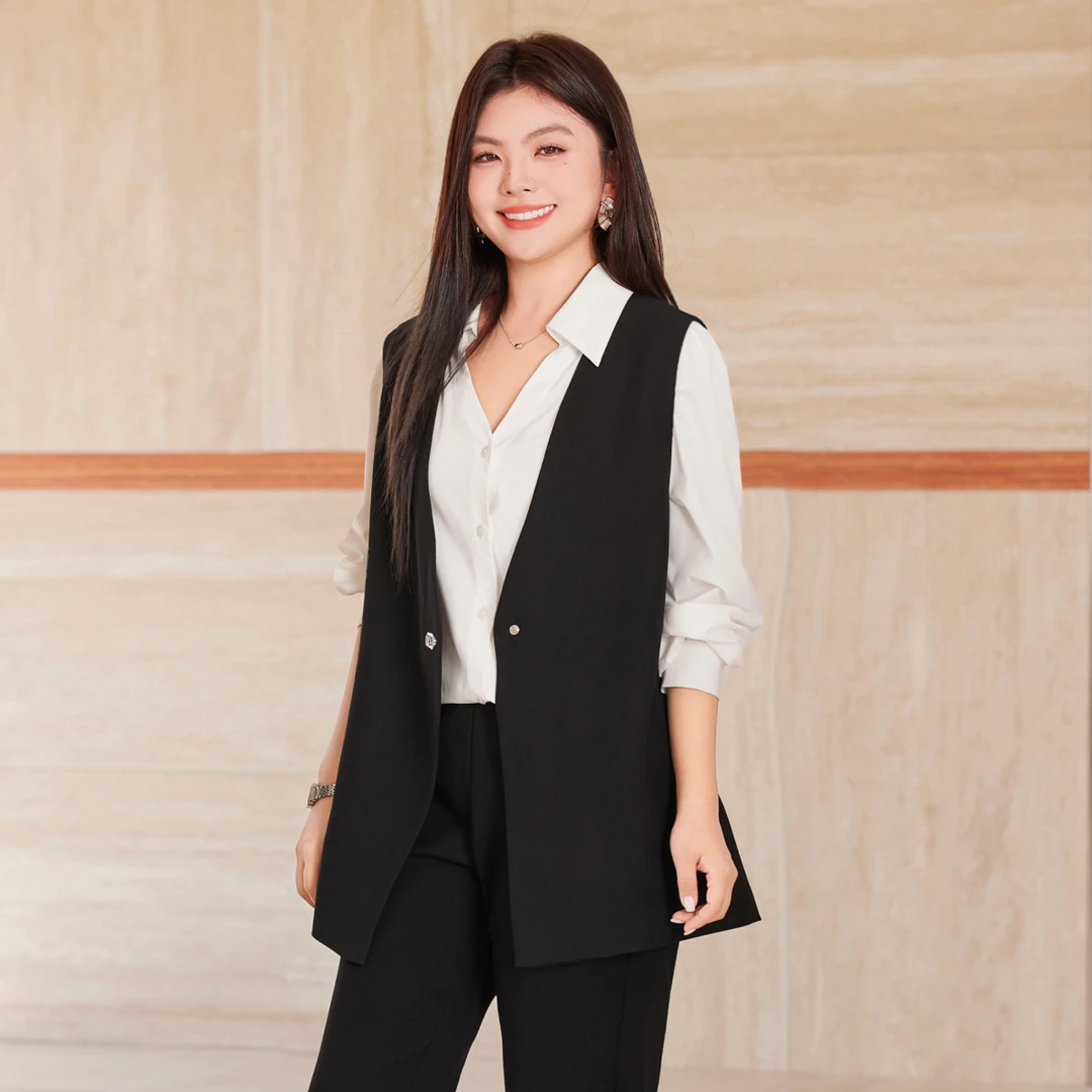 MsShe大码女装2025新款秋装轻职场简约V领无袖西装马甲B2508031