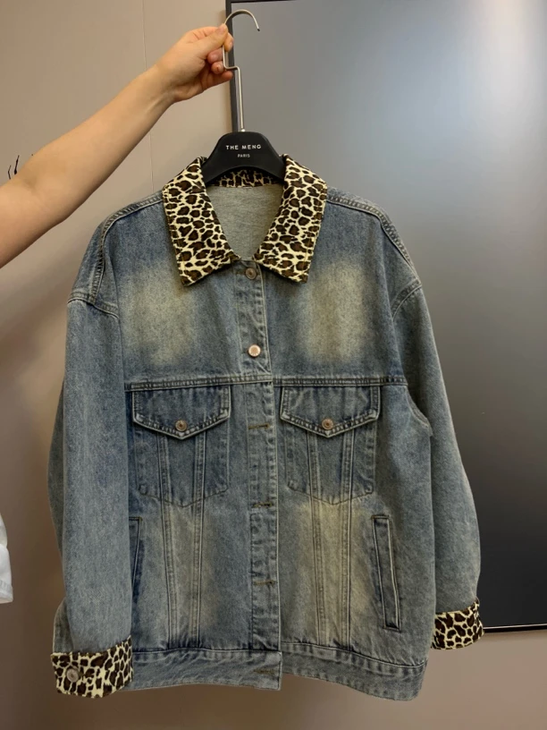 新款牛仔外套豹纹领爆款百搭休闲减龄显瘦水洗软牛仔