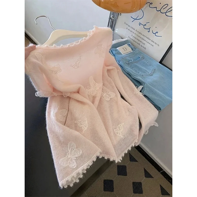 立体蝴蝶粉色针织衫毛衣女士2025新款上衣设计感小众韩系早秋穿搭