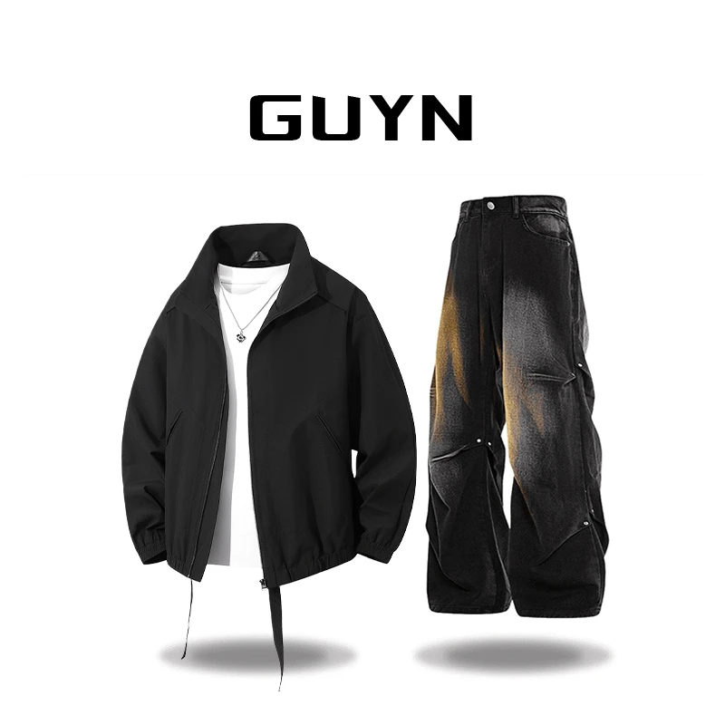 【品牌正品现货】GUYN春秋季新款半高领夹克套装男时尚个性外套上衣