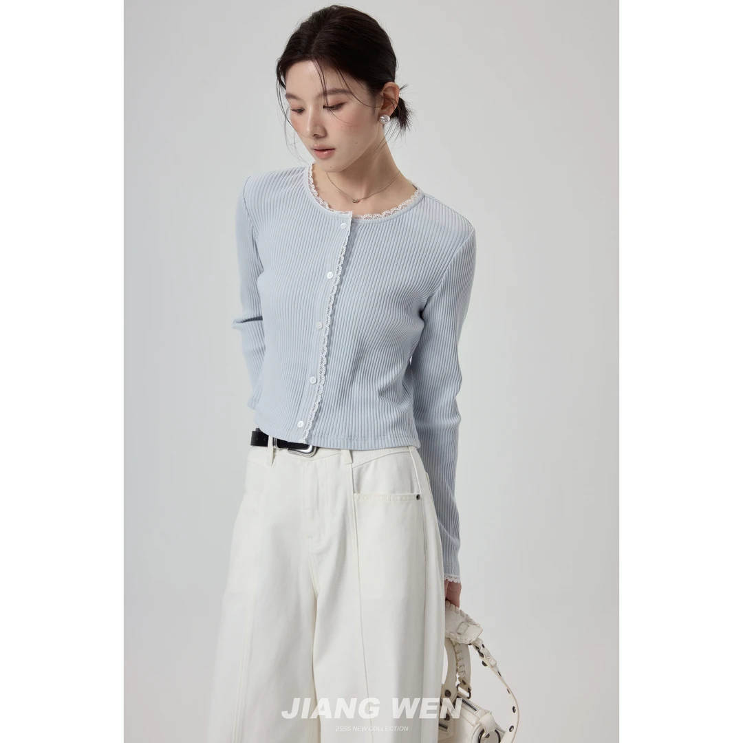 UKILAU【云母芭蕾】蕾丝花边拼接低圆领短款高腰打底小衫T恤