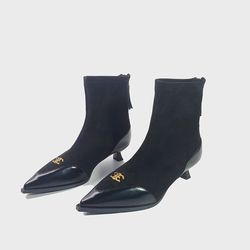 【昕昕严选】秋冬新款2024时尚复古尖头绒面瘦瘦短靴