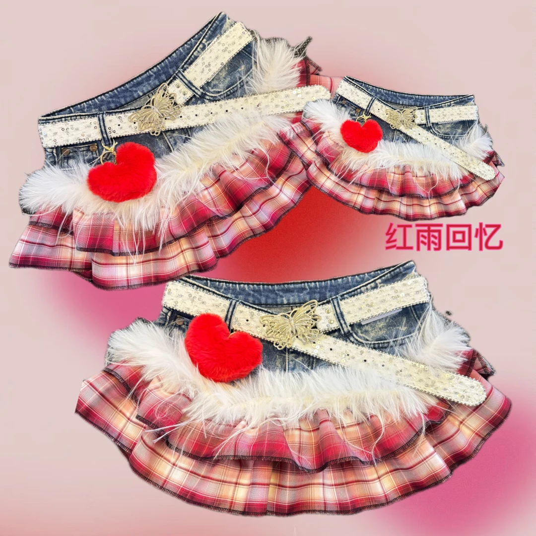 jk系列“红雨回忆”-娜娜古着y2k手作牛仔拼接辣妹裙 可直拍