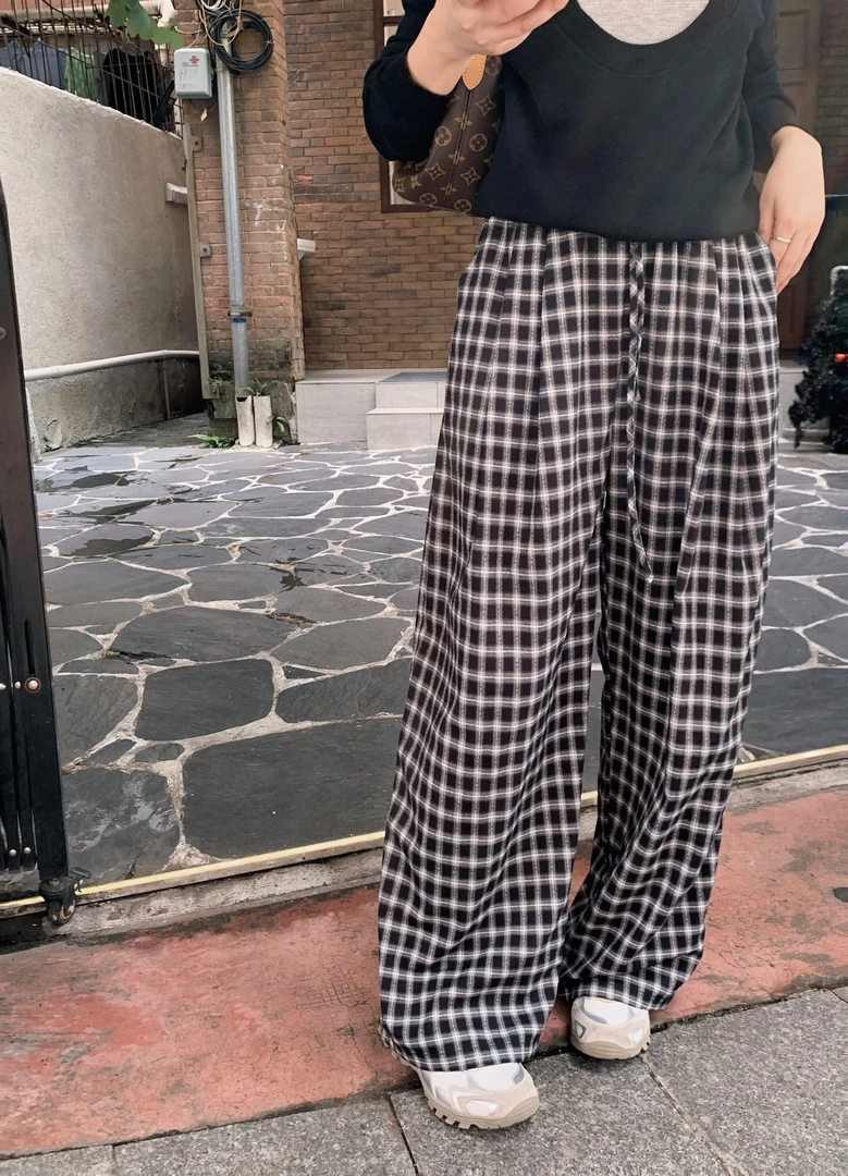 漫姐的店【格子裤】复古格子休闲裤女抽绳宽松慵懒直筒阔腿长裤
