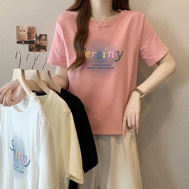 【小曹大码】夏装新款女简约百搭印花字母正肩短袖T恤-ONL33830