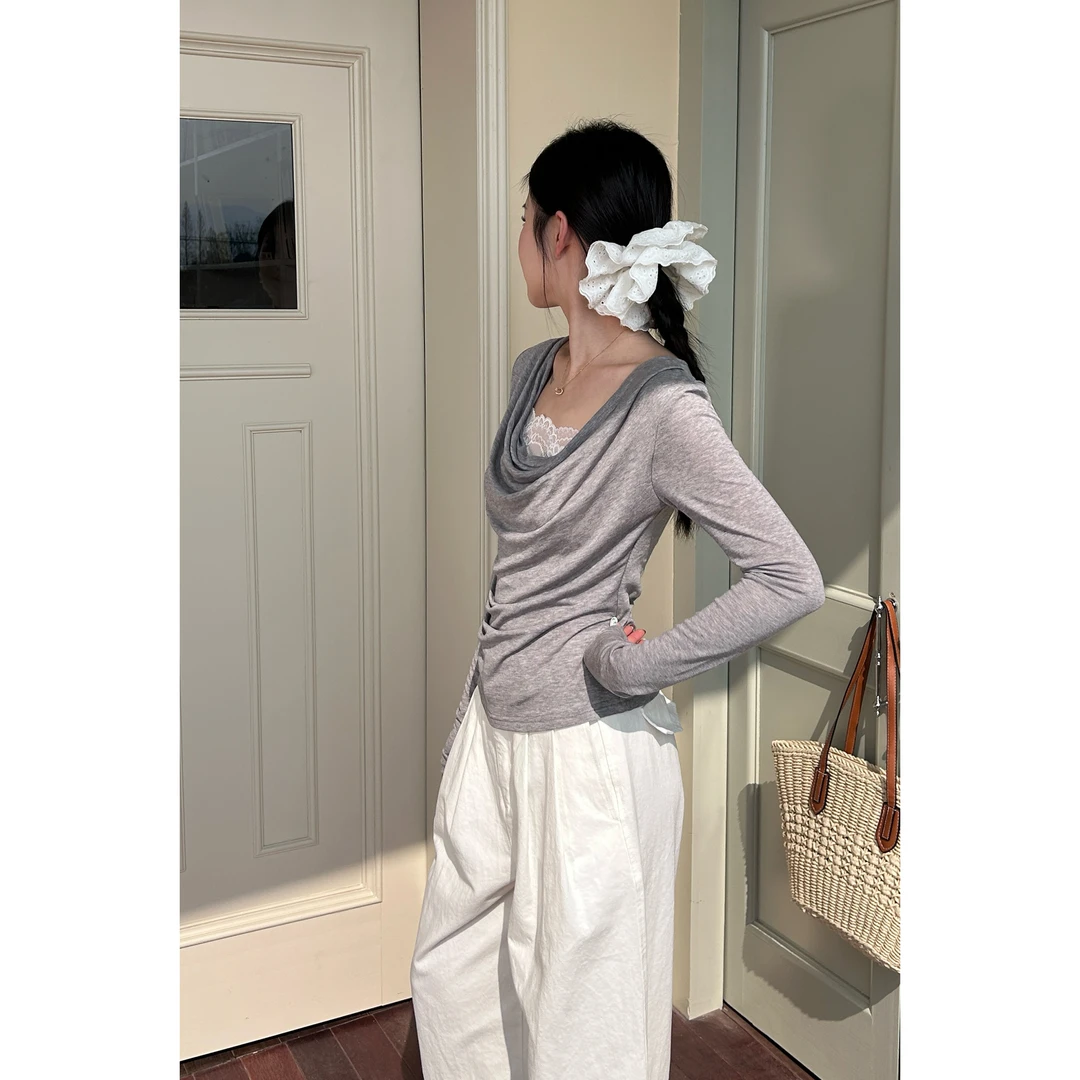 【SANSHIBA】2025春季新款显瘦褶皱法式时尚春季打底小众长袖上衣