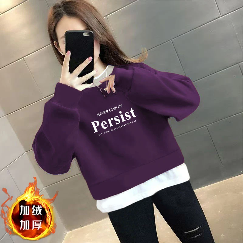 加绒/不加绒小个子华棉圆领外套假两件拼接短款卫衣女士字母印花