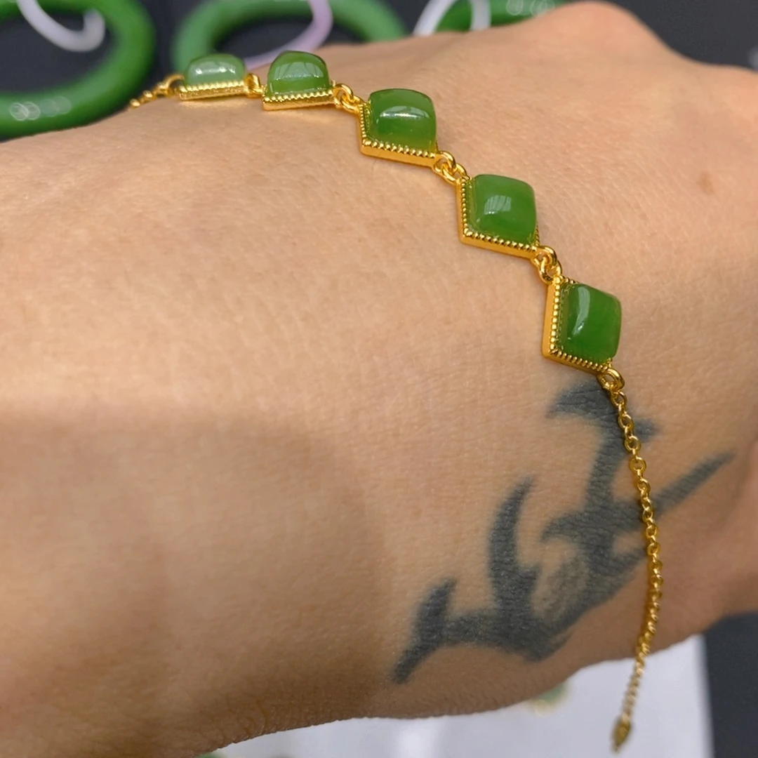 和田玉（碧玉）手链银S925镀金镶嵌
