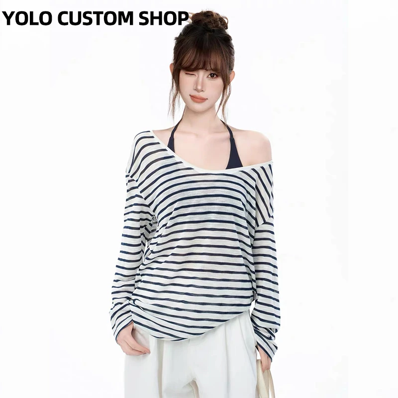 纯欲辣妹风斜肩防晒T桖女夏季爆款慵懒感V领条纹长袖百搭罩衫上衣