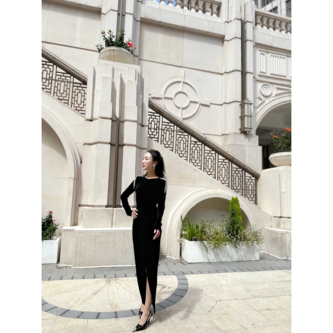 复古修身开叉连衣裙8563H